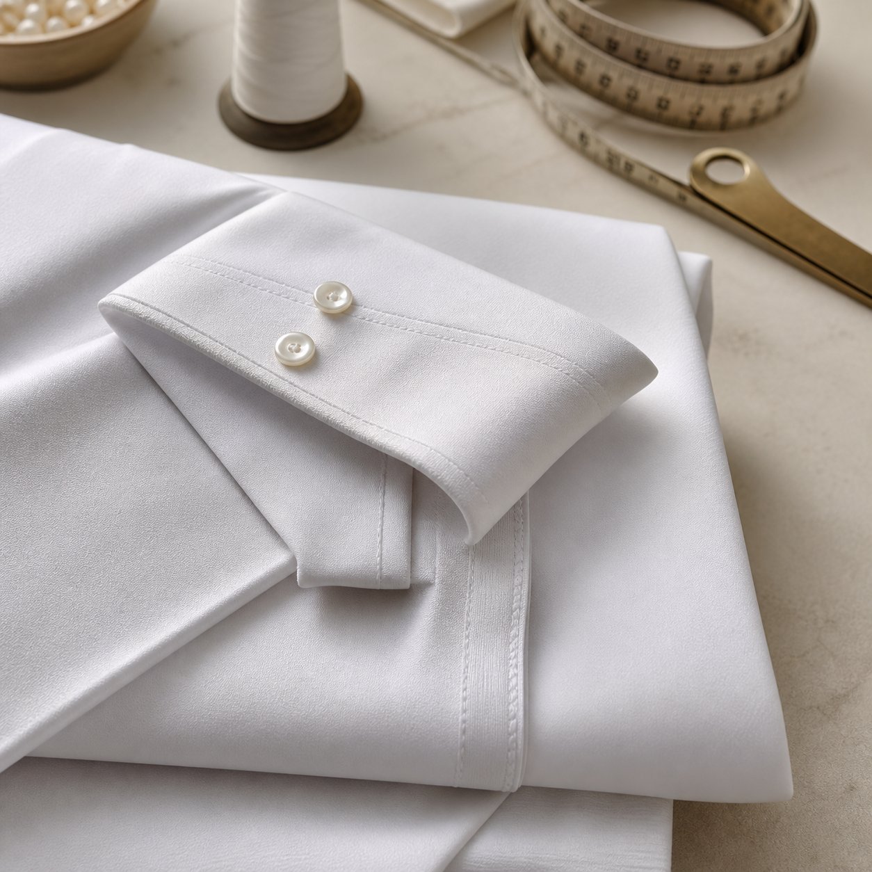 Close-up of premium white fabric and tailoring details